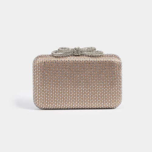 Elegant clutch bag with rhinestone embellishments on a white background