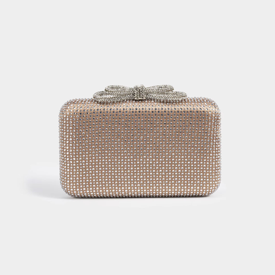 Elegant clutch bag with rhinestone embellishments on a white background