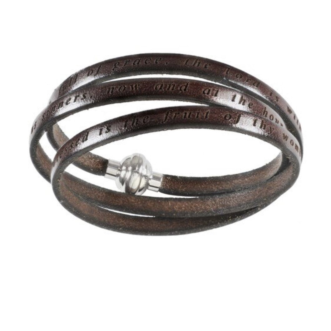 LORD’S PRAYER Unisex Brown Genuine Leather Wrap Bracelet with Prayer Inscription in English - Amen Collection