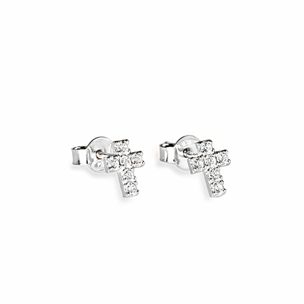 CUBIC ZIRCONIA Silver Cross Stud Earrings - Amen Collection