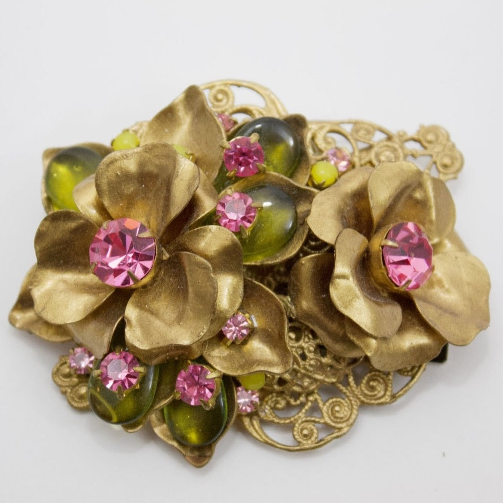 DESIGNER Floral Pink Brushed Gold Broach
