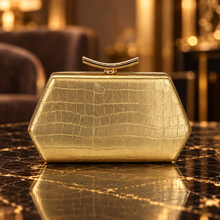 Selene Gold Croc-Embossed Evening Clutch with Detachable Strap