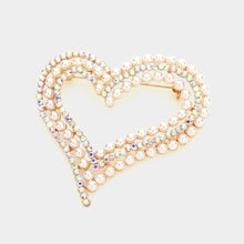 Pearl Rhinestone Embellished Open Heart Pin Broach - Gold or Silver
