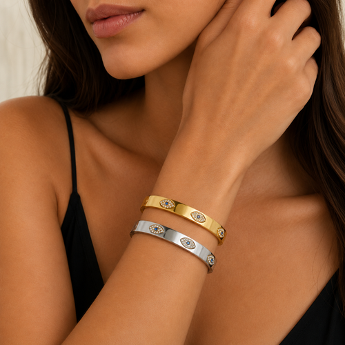 EVIL EYE CZ Stone Embellished Triple Evil Eye Stainless Steel Bracelet