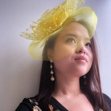 LEMON TEA Yellow Fabric Fascinator with Feather and Netting