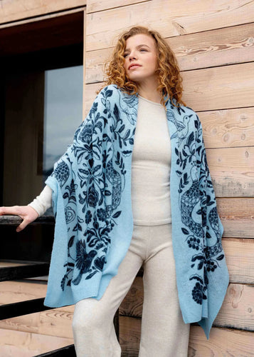 Patterned Blue Shawl on a model 