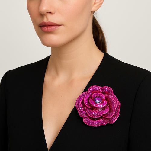 FIOLA Fushia Pink Rose Flower Gold Broach