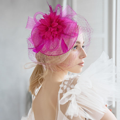 CANDY GIRL Fuchsia Feather Fabric Fascinator with Netting