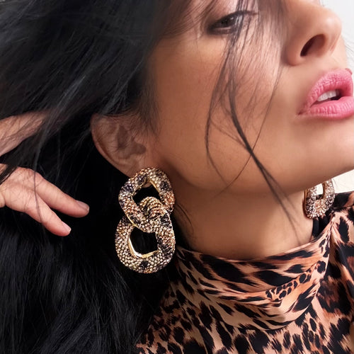 FELINE Leopard Bling Studded Chunky Link Earrings