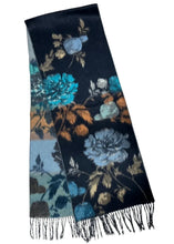 Floral patterned scarf with blue and orange flowers on a black background