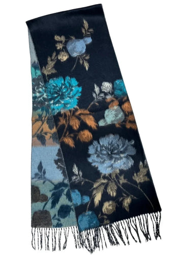 Floral patterned scarf with blue and orange flowers on a black background