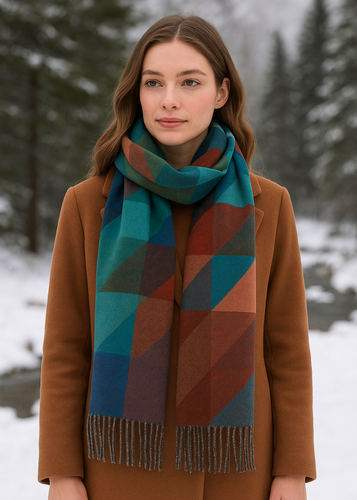 Woman wearing a patterned scarf and brown coat in a snowy forest setting