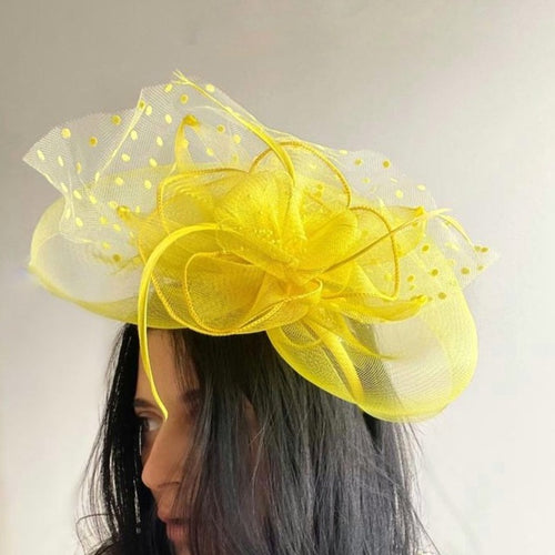LEMON TEA Yellow Fabric Fascinator with Feather and Netting