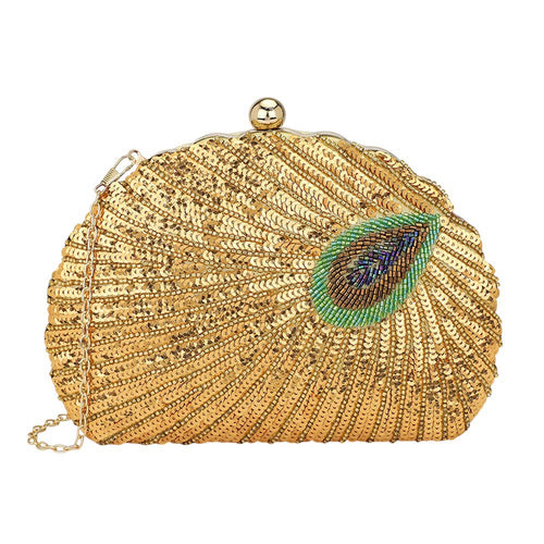 GOLDEN PEACOCK Beaded Sequin Clutch Evening Bag
