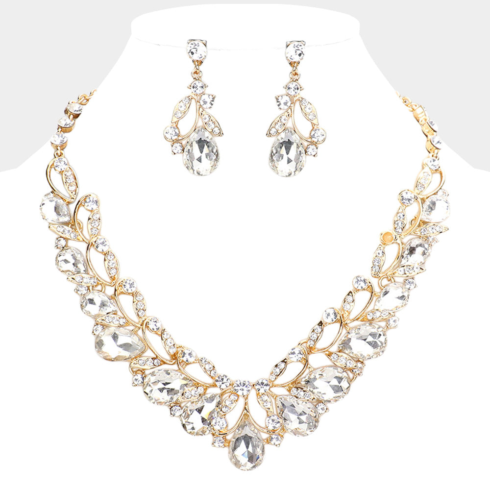 GIGI Teardrop Accented Stone Embellished Leaf Evening Necklace
