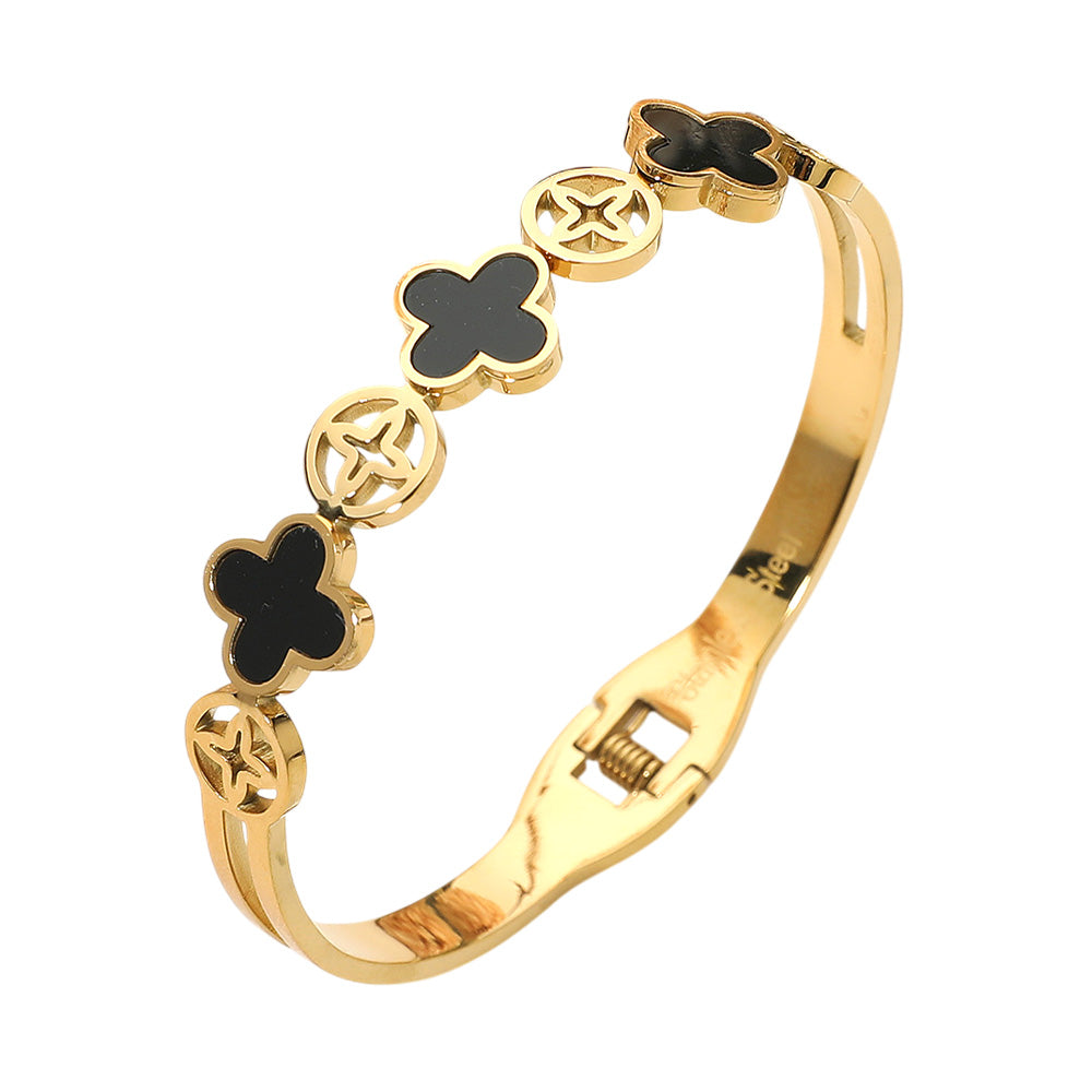 JOYCE Stainless Steel Quatrefoil Link Hinged Bangle Bracelet
