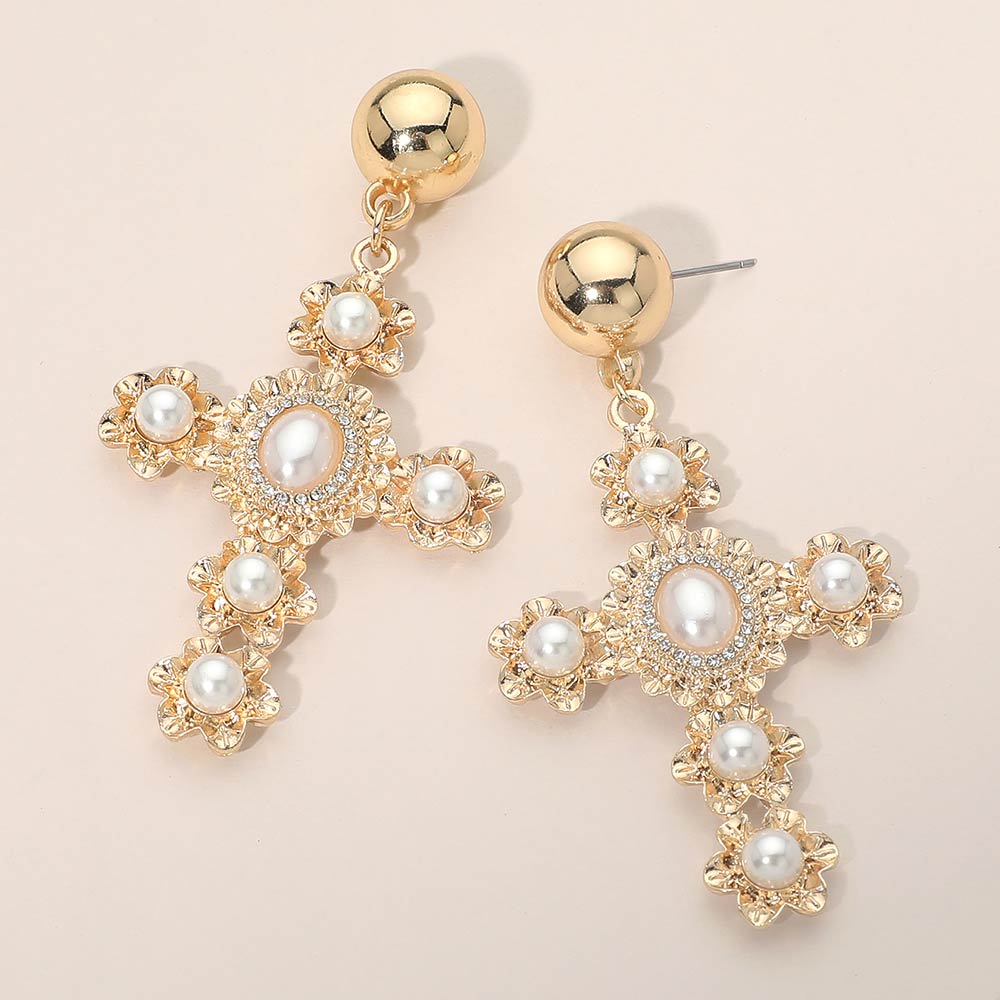 Vittoria Gold and Pearl Cross Earrings
