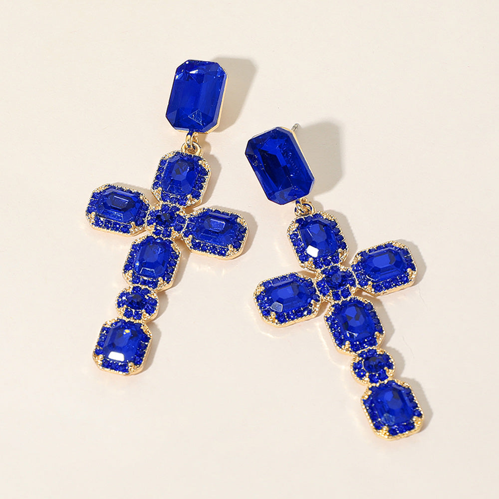 LA DIVINA Blue Sapphire Crystal Cross Earrings