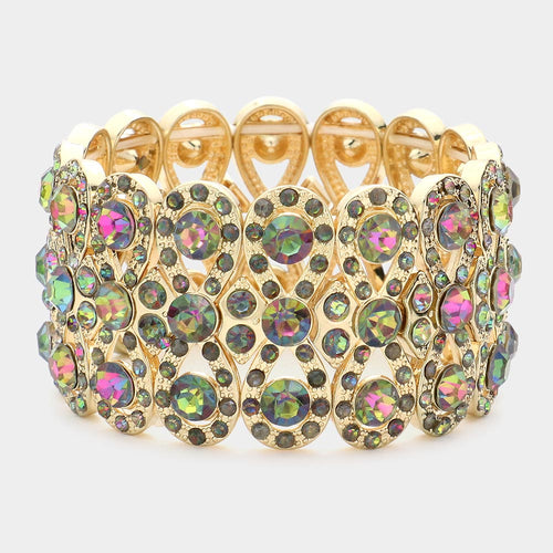 Gold bracelet with crystals , crystal cuff, vitrail colour, green, gold, fuchsia, jewellery, costume jewelry , fashion, style