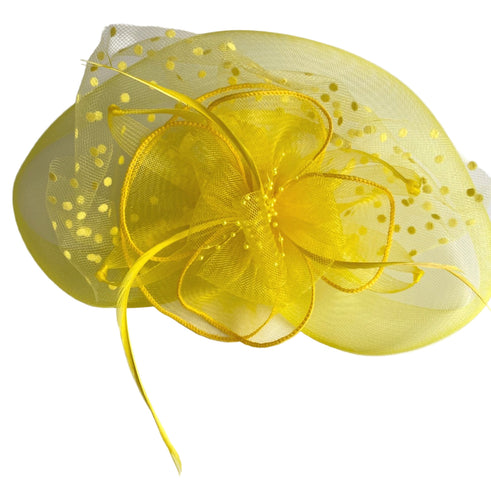 LEMON TEA Yellow Fabric Fascinator with Feather and Netting