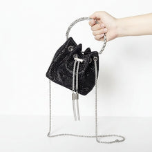 LIDIA black rhinestone mini pouch purse with circular handle and drawstring closure