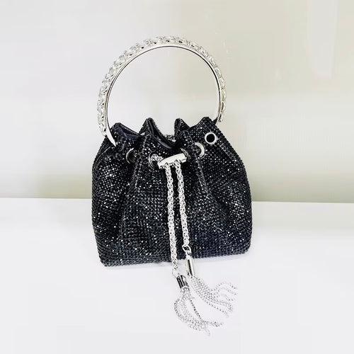 LIDIA  balck rhinestone evening bag showing crystal detailing and tassel accents