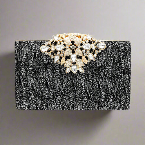 Floral Stone Embellished Glitter Clutch