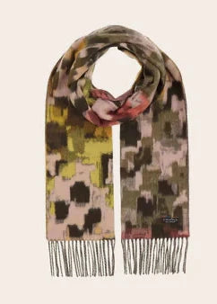Multicolored patterned scarf with fringes on a beige background