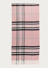 Plaid scarf with pink and black stripes on a white background