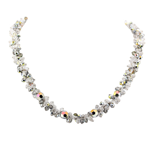 Necklace with clear and silver crystals on a white background