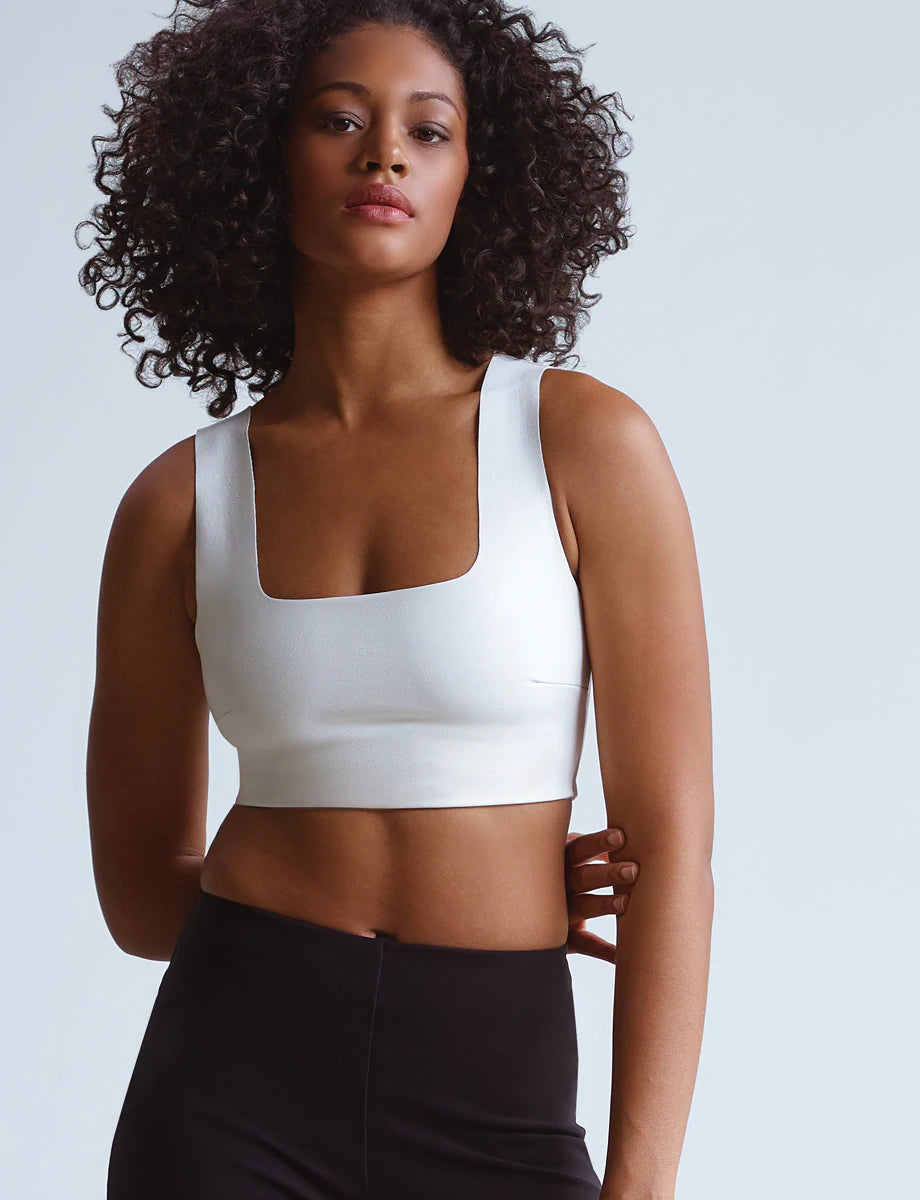 White Faux Leather Square Neck Crop Top