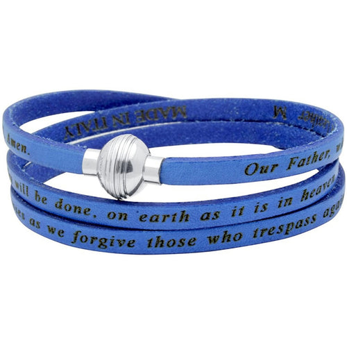LORD’S PRAYER Unisex Blue Genuine Leather Wrap Bracelet with Prayer Inscription in English - Amen Collection