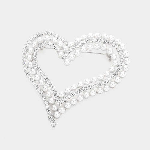 Pearl Rhinestone Embellished Open Heart Pin Broach - Gold or Silver