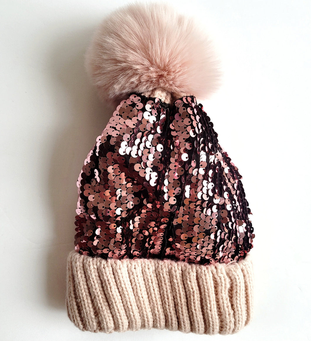 Sequin PomPom Knit Toque Hat