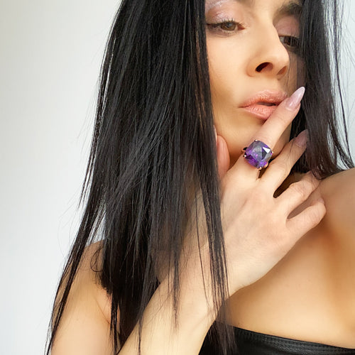 PURPLE RAIN Faceted Amethyst Crystal Gold Plated Ring