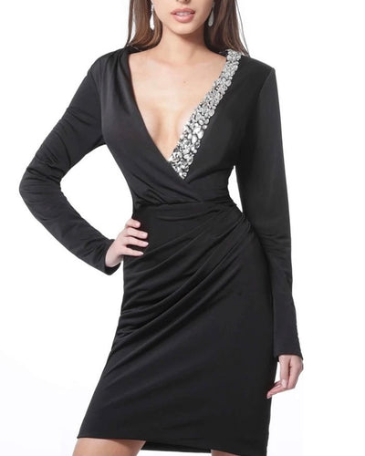Deep V Embellished Neckline Little Black Dress
