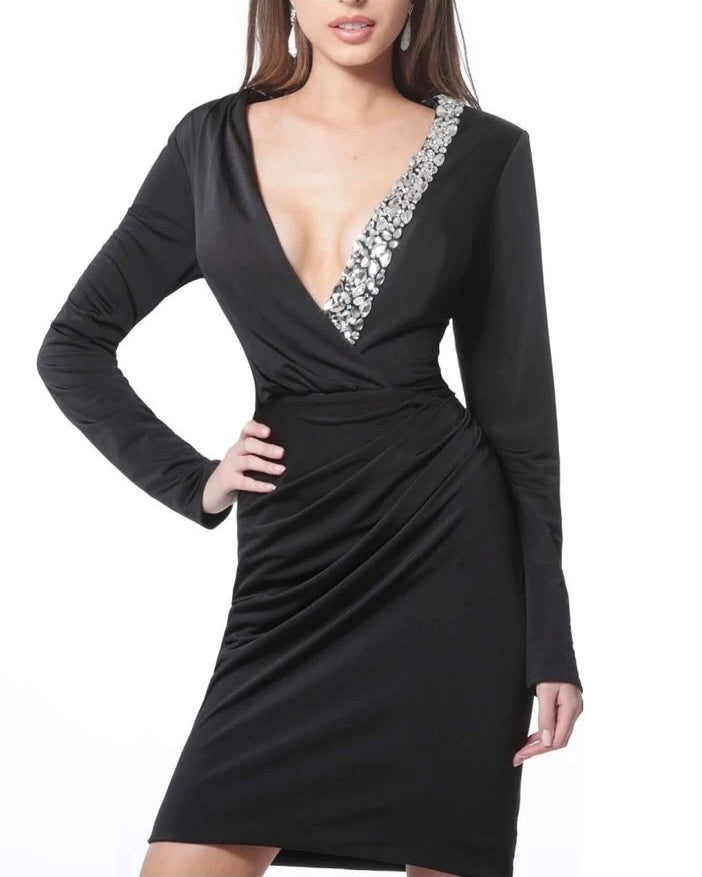 Deep V Embellished Neckline Little Black Dress