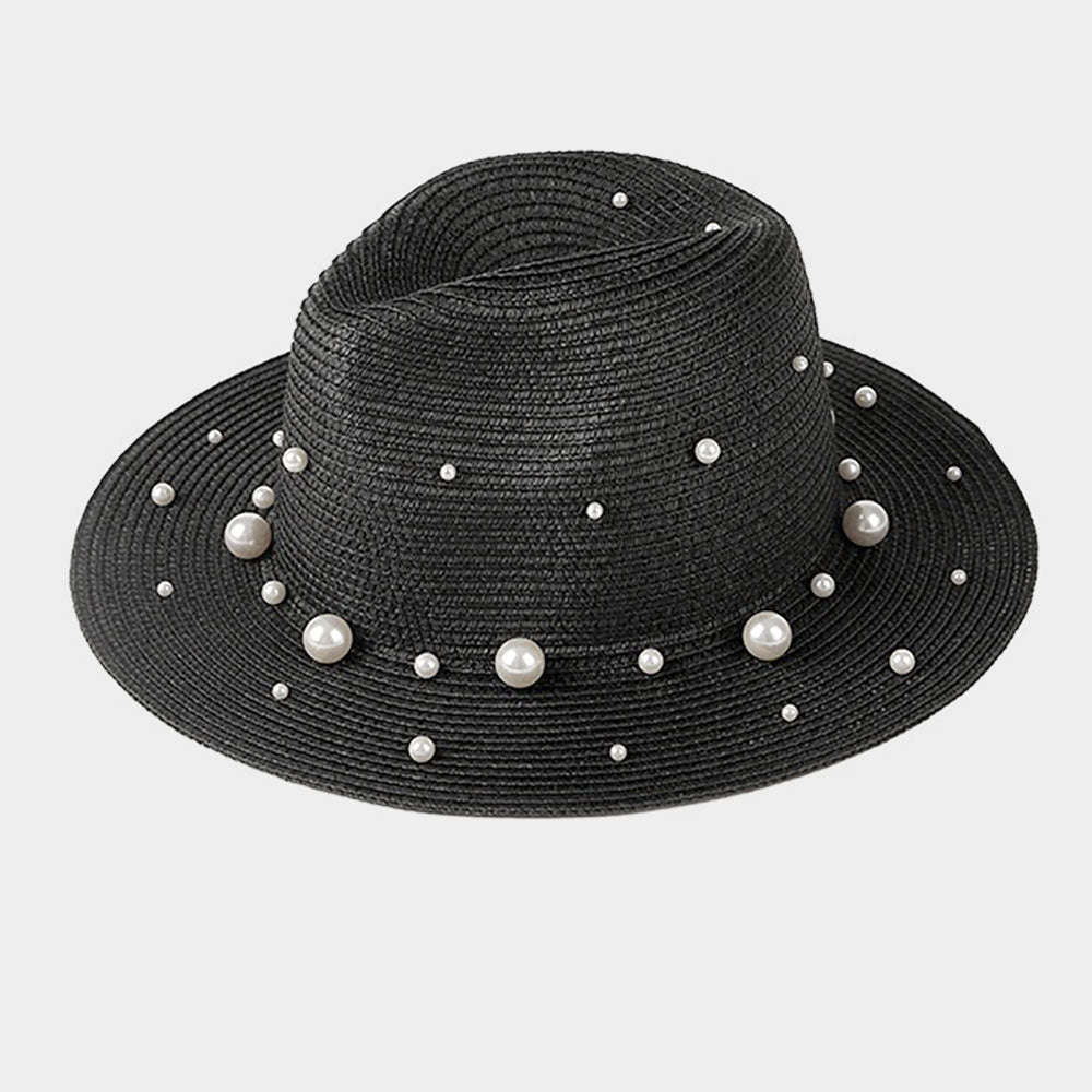 JACKIE Black Fedora Straw Hat With Pearls