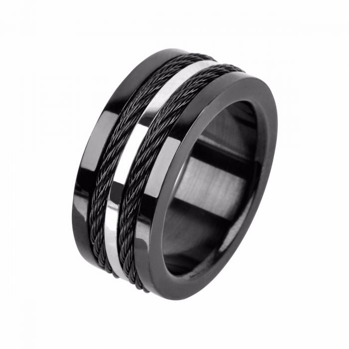 CABLE Men's Stainless Steel Ring with Carbon Cable Inlay