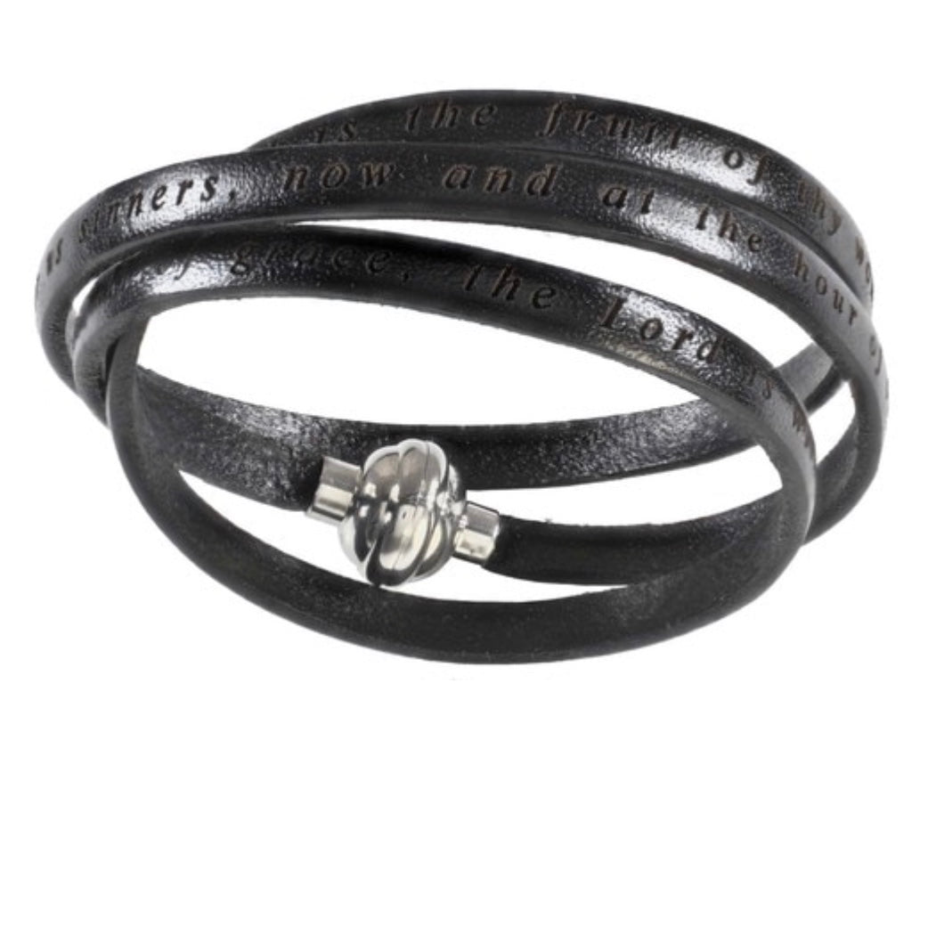 HAIL MARY Unisex Black Genuine Leather Wrap Bracelet with Prayer Inscription in English - Amen Collection