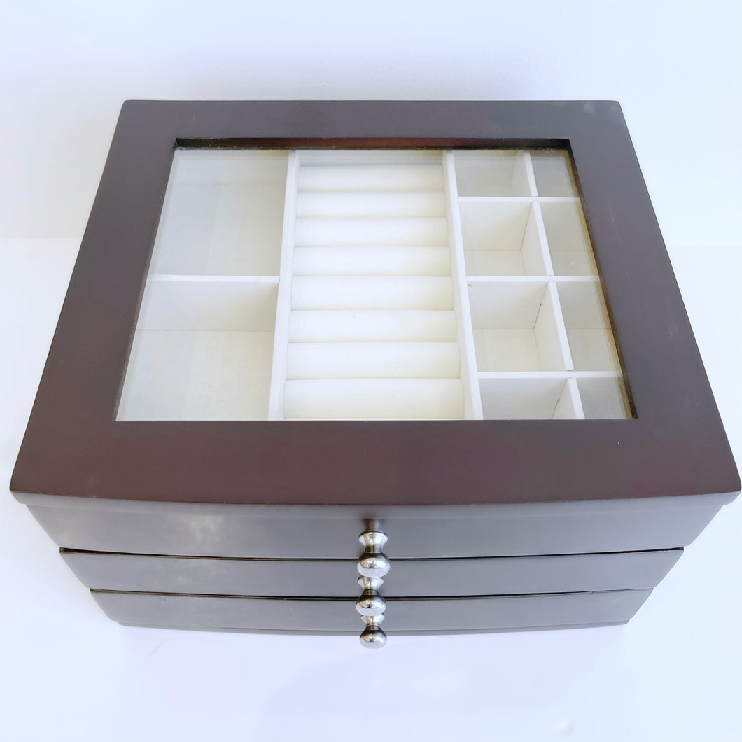 Brown Wooden and Glass Jewellery Box With Drawers
