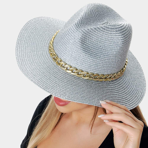Chain Band Silver Straw Panama Sun Hat