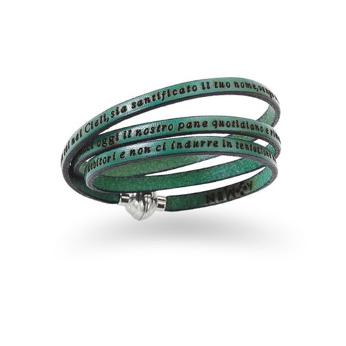 LORD'S PRAYER Unisex Green Genuine Leather Wrap Bracelet with Prayer Inscription in Italian - Amen Collection