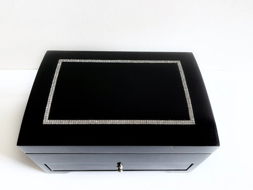 Glossy Black Wooden Jewellery Box Swarovski Trim