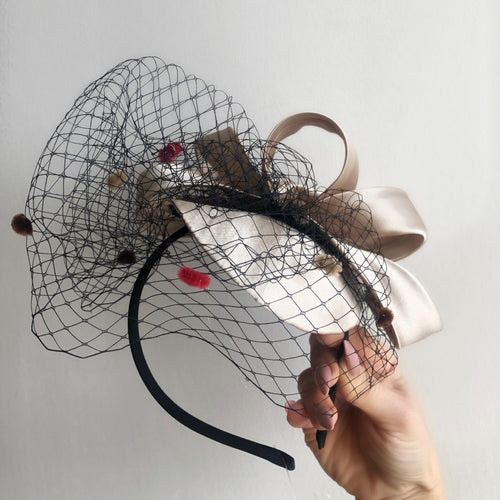 RALPH Champagne Silk Fascinator with Black Dotted Netting
