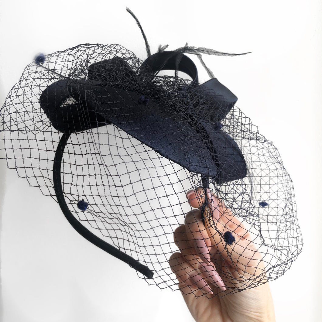 RALPH Navy Silk Fascinator with Dotted Netting