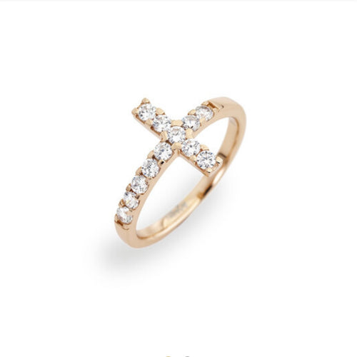 CROSS Cubic Zirconia 925 Sterling Silver Gold Plated Ring - Amen Collection