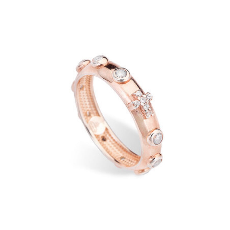 ROSARY Cubic Zirconia 925 Sterling Rose Gold Plated Ring - Amen Collection