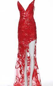 High Slit Red Lace Sequin Embellished Evening Dress With Nude Underlay